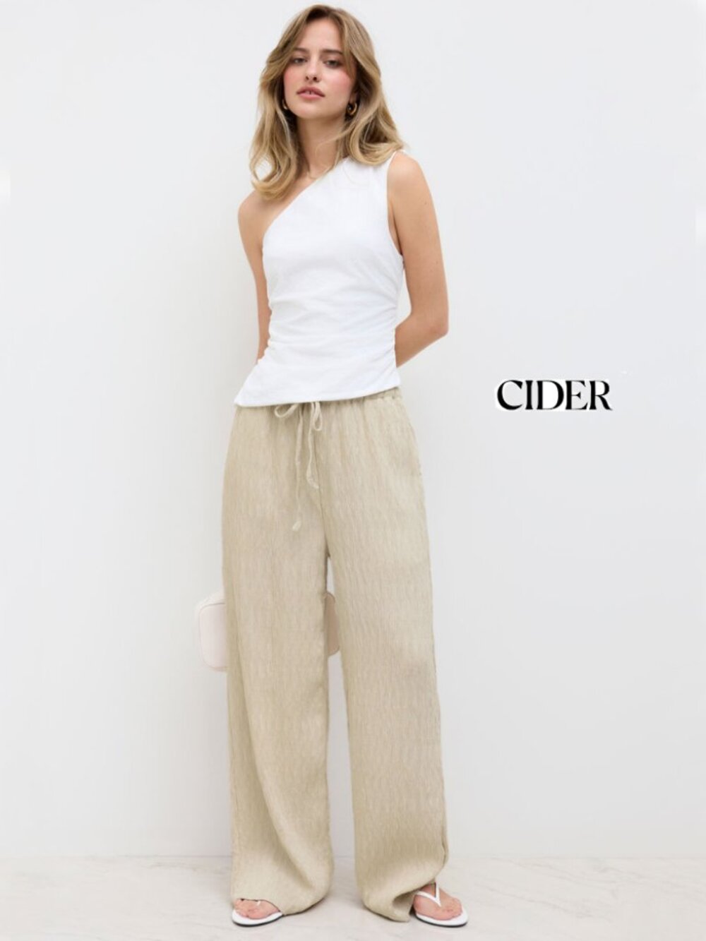 CIDER Crinkled Texture Wide Leg Beachy Lounge Travel Pants Beige